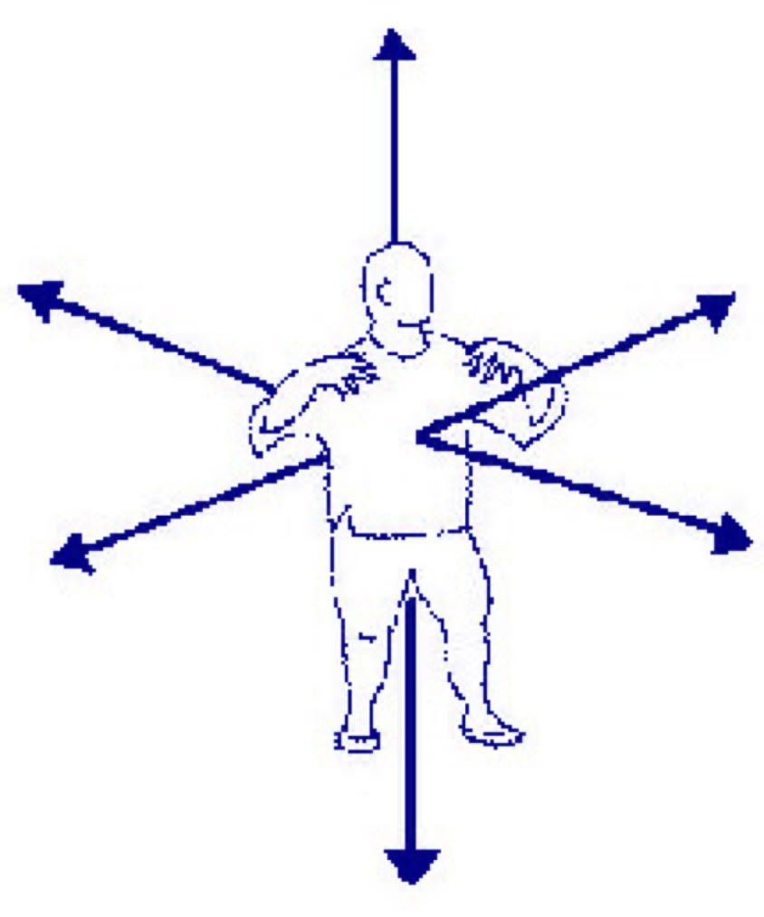 The six directions are: forward and backward, open and close, up and down. 